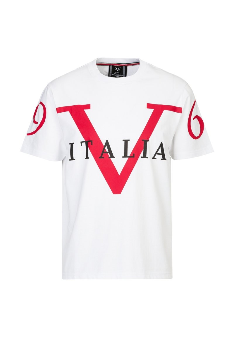 Witte katoenen t-shirt met een grote rode "V" en "ITALIA" tekst in zwart. Rode accenten met een nummer "9" op de linkermouw. Klassieke pasvorm.