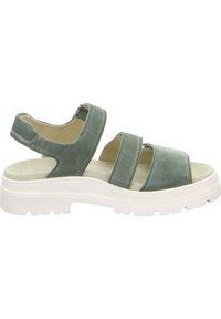 Zelené semišové sandály se třemi širokými pásky, otevřenou špičkou a bílou gumovou podrážkou. Design zahrnuje polstrovanou stélku pro pohodlí.