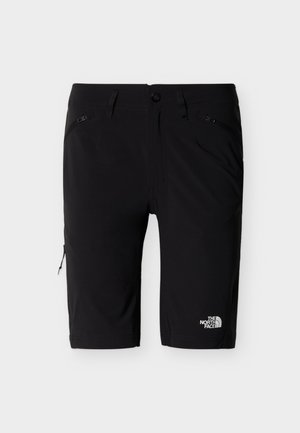 Μαύρα σορτς από ελαφρύ ύφασμα, με φερμουάρ σε τσέπες, κουμπί στερέωσης και μικρό λευκό λογότυπο στο κάτω αριστερό πόδι.