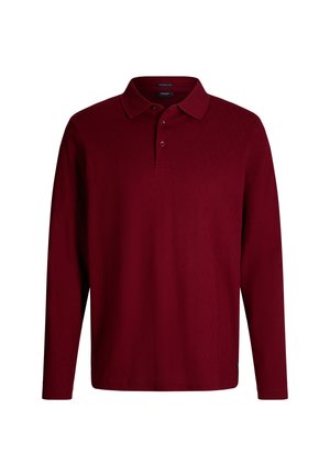 Langärmliges Polo-Shirt in Dunkelrot, mit einem strukturierten Rautenmuster, einem klassischen Kragen und zwei Knopfverschlüssen am Hals.