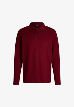 Langärmliges Polo-Shirt in Dunkelrot, mit einem strukturierten Rautenmuster, einem klassischen Kragen und zwei Knopfverschlüssen am Hals.