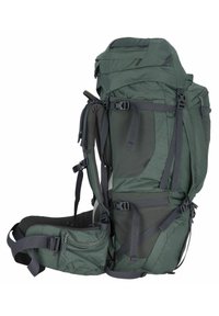Großer grüner Outdoor-Rucksack mit mehreren Fächern, verstellbaren Trägern, gepolstertem Hüftgurt und einer strukturierten Stoffoberfläche.