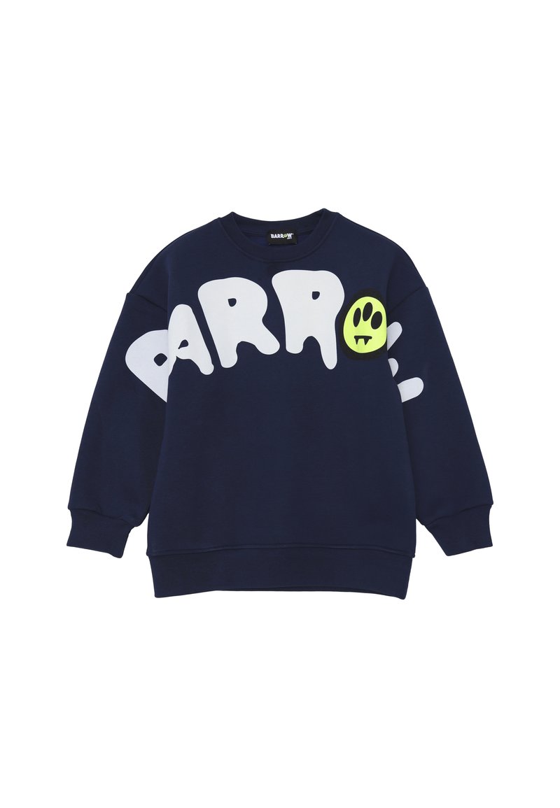 Felpa blu navy con grande testo bianco "BARROW" e una faccina sorridente verde con tre occhi neri e zanne sul davanti.