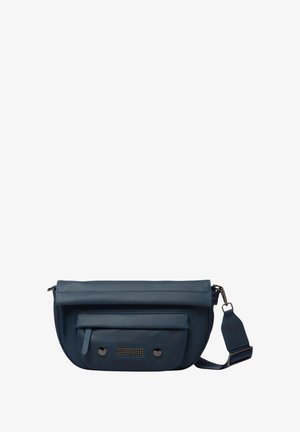 Blauwe leren schoudertas met een ronde vorm, ritsluiting, voorvak, metalen accenten en verstelbare schouderband. Soepele textuur en slank ontwerp.