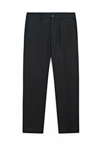Black trousers with a straight-leg design, crafted from smooth fabric, featuring two side pockets and a front button closure.