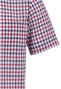 Camicetta a maniche corte in un motivo a scacchi rosso, blu navy e bianco. Presenta una tasca sul petto e una texture in cotone. Colletto strutturato e cuciture pulite.