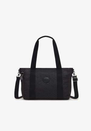 Borsa tote nera realizzata in tessuto con un motivo testurizzato. Presenta manici lunghi neri, una tracolla staccabile e un'etichetta rotonda con logo.