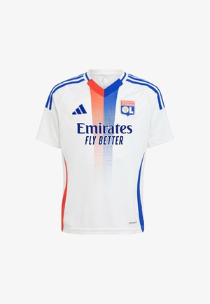 Bijela majica kratkih rukava s crvenim i plavim dijagonalnim prugama, plavim naglascima na ramenima, plavim logotipom "Emirates" i grbom momčadi na lijevoj strani prsiju.
