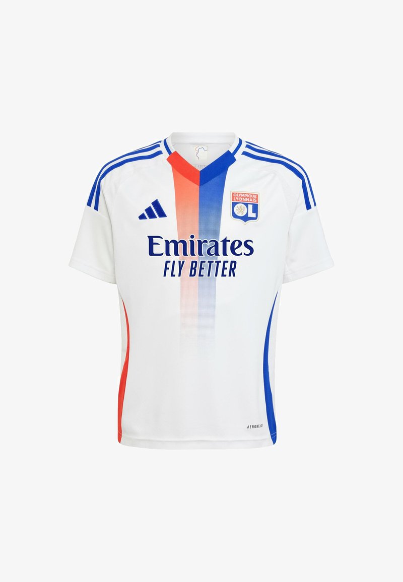 White short-sleeve jersey with red and blue diagonal stripes, blue shoulder accents, "Emirates" logo in blue, and team crest on left chest.