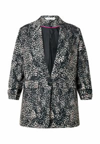 Blazer de print de leopardo en negro y beige, con cierre de un solo botón, solapas con muesca y bolsillos de parche. Presenta un acabado suave y texturizado.