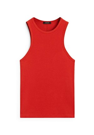 Rode geribde tanktop met een ronde halslijn en een mouwloos ontwerp. Gladde textuur en aansluitende pasvorm, zonder extra patronen of accenten.