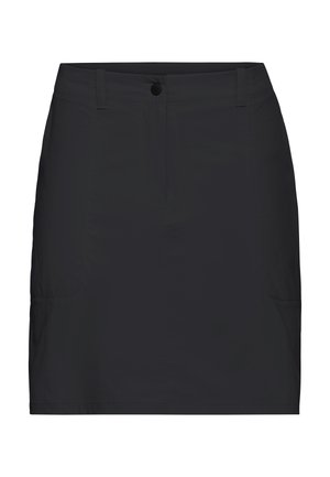 Zwarte minirok met een gladde stoftextuur, voorzien van een frontale knoopsluiting, twee zijzakken en een minimalistisch ontwerp.