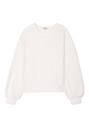 Pull blanc texturé avec un col rond et de longues manches bouffantes. Présente des bords côtes au niveau des poignets et un design décontracté. Pas de motifs ni d'accents.