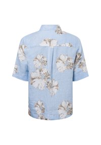 Blauwe shirt met korte mouwen van lichte stof met grote, beige bloempatronen. Het ontwerp heeft een achterpand en een relaxte pasvorm.