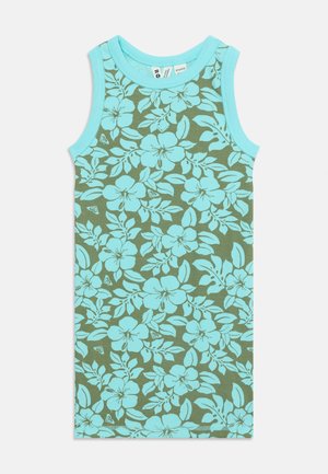 Sleeveless ribbed tank top with turquoise floral print on olive background and solid turquoise trim on neckline and armholes.