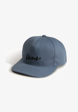 Blaues Cap aus strukturiertem Stoff, mit einem schwarzen gestickten "Vans"-Logo, einem flachen Schild und einem sechsteiligen Design mit Belüftungsösen.