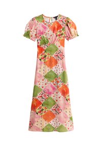 Färgglad lapptäcksklänning med rosa, orange, gröna och blommönster. Korta puffärmar och rund halsringning. Mjuk tygtextur.