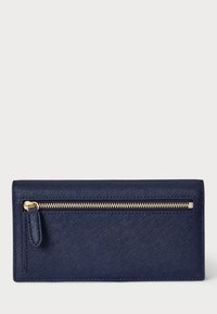 Mornarsko modra teksturirana usnjena denarnica z vodoravno zlatno zadrgo in usnjeno zadrgo na sprednji strani.