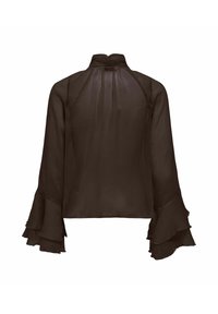 Blouse noire transparente avec un col montant froncé et de longues manches cloche ornées de volants superposés.