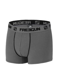 Boxer-briefs gris en tissu doux, avec une ceinture élastique noire portant le logo "FREEGUN" et des détails de couture contrastants.
