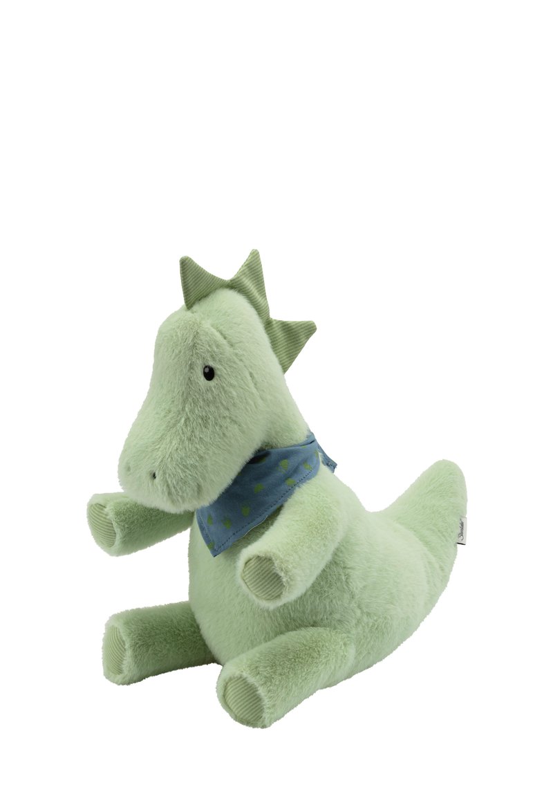 Green plush dragon toy with a rounded body, soft texture, and stitched detailing. Wears a blue scarf with green patterns and has ridged spikes.