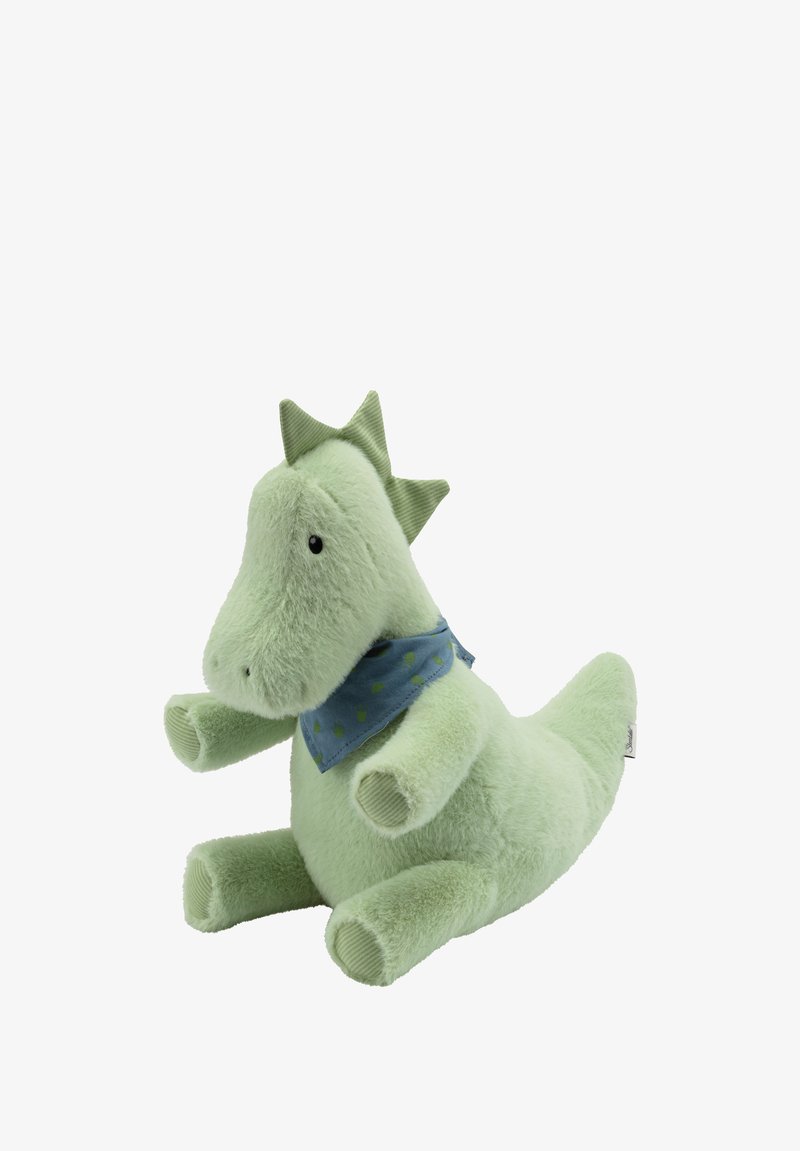 Green plush dragon toy with a rounded body, soft texture, and stitched detailing. Wears a blue scarf with green patterns and has ridged spikes.