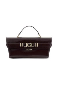 Borsa a mano in pelle verniciata color bordeaux con forma strutturata, dettagli in metallo tono oro, manico superiore e logo in rilievo sul davanti.