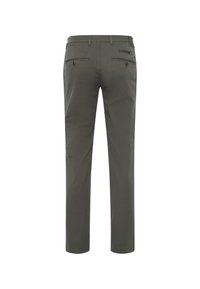 Dark gray trousers with a straight-leg cut, featuring two back pockets and subtle diagonal zip pocket accents. Made from a smooth fabric.
