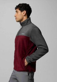 Giacca in fleece grigia e bordeaux con colletto alto, tasche laterali e zip, caratterizzata da un design a blocchi di colore contrastanti.