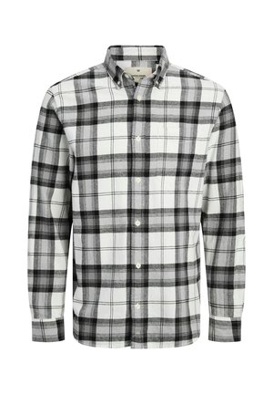 Koszula w czarno-białą kratę z długim rękawem, z kołnierzykiem na guziki, kieszenią na piersi i miękką tkaniną.