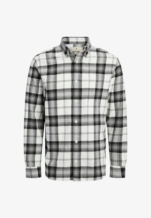 Camicia a maniche lunghe a scacchi in bianco e nero, con colletto button-down, tasca sul petto e texture del tessuto morbida.