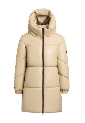 Beige pufferjack, glanzende afwerking, oversized capuchon, rits in het midden, gestikte structuur, lange mouwen, elastische boorden en accentdetails aan de zijkanten.