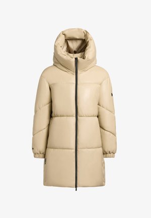 Beige puffer coat, glossy finish, oversized hood, center zip closure, quilted texture, long sleeves, elastic cuffs, and side accent details.