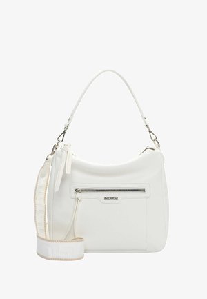 Bolso de hombro de cuero blanco con bolsillo frontal con cremallera, correa decorativa desmontable y detalles en hardware plateado.