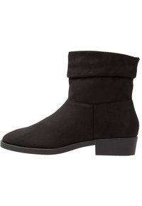 Bottines noires en daim doux, avec un revers plié, un bout arrondi et un petit talon carré. Texture lisse avec un design minimaliste.