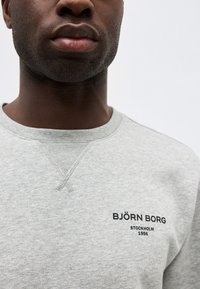 Άνδρας που φοράει ανοιχτό γκρι sweatshirt με μαύρο τυπωμένο κείμενο «BJÖRN BORG STOCKHOLM 1956» στο στήθος, απλό λευκό φόντο.