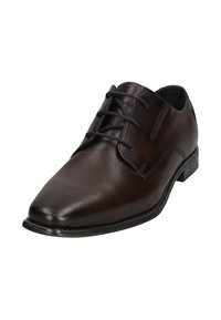 Braune Leder-Dressschuhe mit abgerundetem Zehenbereich, ausgestattet mit einem Schnürdesign und dezenten Nähdetails. Glatte Textur und ein niedriger Absatz.