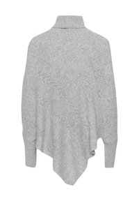 Pelēka adīta pončo ar augstu apkakli, ar dimanta raksta tekstūru un asimetrisku apakšmalu. Mīksta vilnas maisījuma audums.