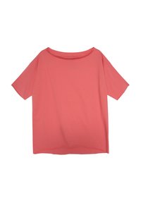 Koronkowa koszula z krótkim rękawem w kolorze koralowym, z szerokim dekoltem, luźnym krojem i gładką teksturą. Prosty design, bez wzorów czy widocznych detali metalowych.