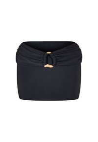 Haut bandeau noir avec un design noué et un accent en métal doré au centre, fabriqué à partir d'un matériau doux et extensible.