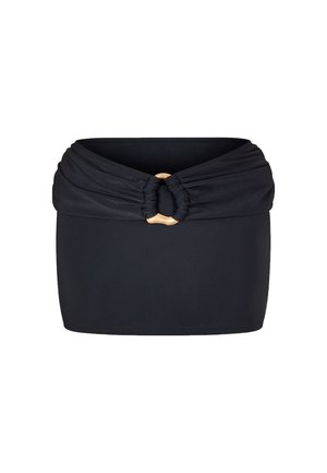 Schwarzes Bandeau-Top mit knotendem Design und goldfarbenem Hardware-Akzent in der Mitte, aus weichem, elastischem Material hergestellt.
