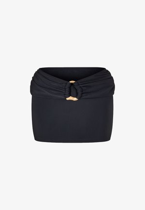 Sort bandeau-top med en knyttet design og gyldne metal-detaljer i midten, lavet af blødt, strækbart materiale.