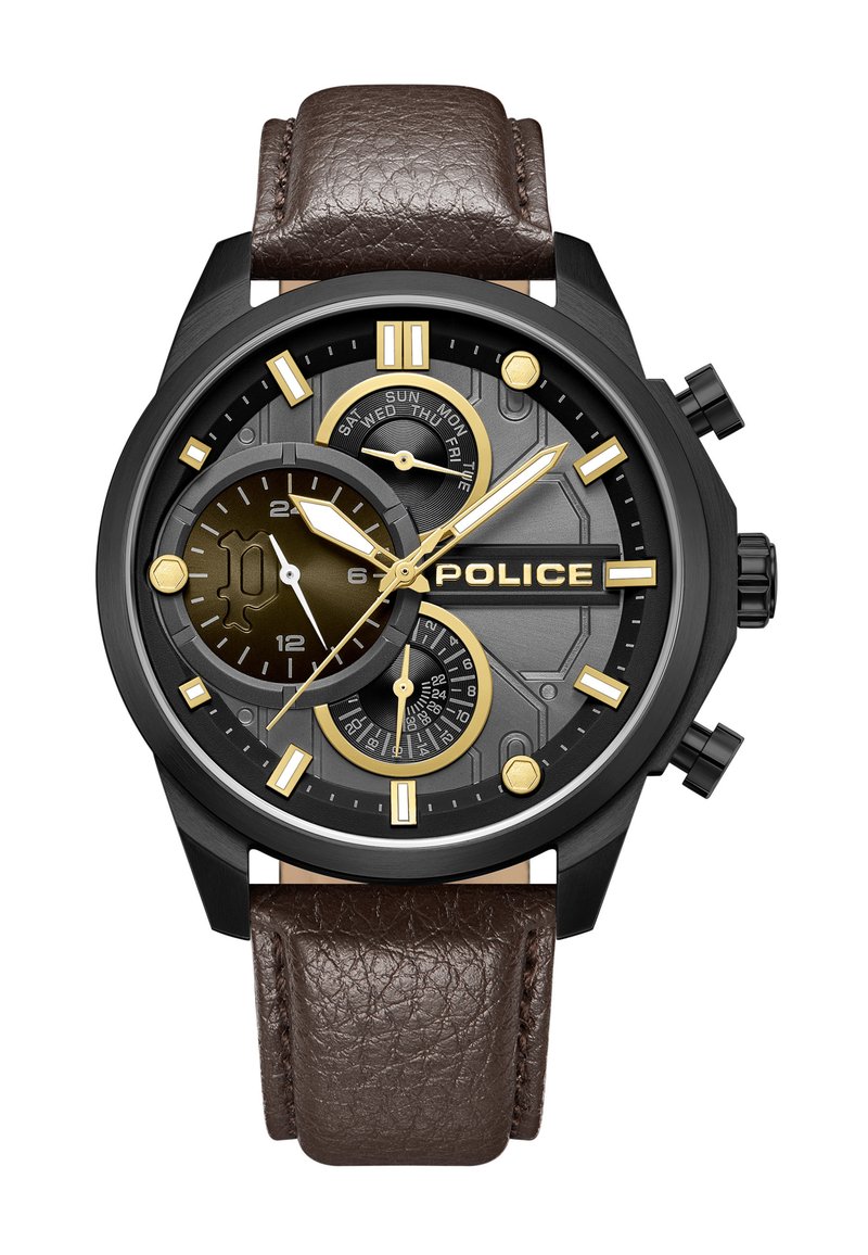 Juodas ciferblatas su auksiniais akcentais, rudos odos dirželis, trys paslėpti ciferblatai ir išsiskiriantis "POLICE" logotipas. Ypatybės apima datos ir dienos rodmenis.