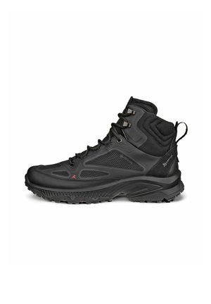 Black high-top hiking boot with textured sole, lace-up front, padded ankle support, and pull tab at the heel, shown from the outer side.