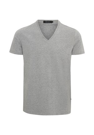 Szürke pamut póló V-nyakkal, rövid ujjakkal és klasszikus fazonnal. Sima anyag, nincs mintázat vagy kiegészítő, a nyaknál címke található.