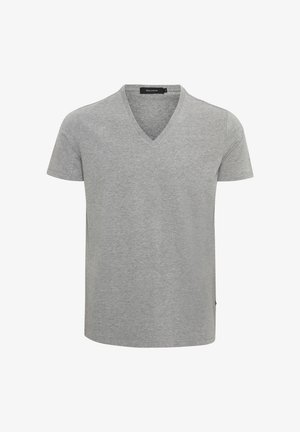 Szürke pamut póló V-nyakkal, rövid ujjakkal és klasszikus fazonnal. Sima anyag, nincs mintázat vagy kiegészítő, a nyaknál címke található.