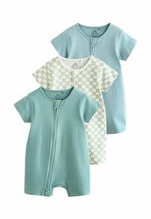 Három rövid ujjú babaruha készlet, kettő egyszínű pasztellkék és egy fehér világoszöld kockás mintával, elöl cipzáras záródással.