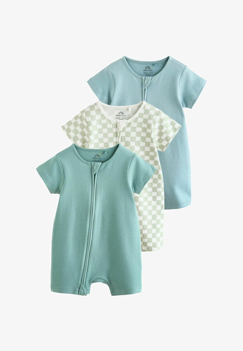 Ensemble de trois grenouillères bébé à manches courtes, deux unies bleu pastel et une blanche à motif à carreaux vert clair, fermetures éclair à l'avant.