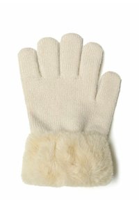 Gant en tricot beige à cinq doigts, avec un style de poignet en fourrure douce et pelucheuse couleur fauve pour plus de chaleur. La texture est confortable et accueillante.