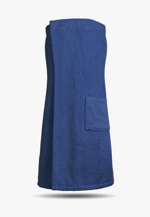 Blaue Baumwoll-Terry-Stoff-Badewickel mit geradem Design, knielang, mit einer vorderen Taschenklappe. Weiche Textur und einfarbig.